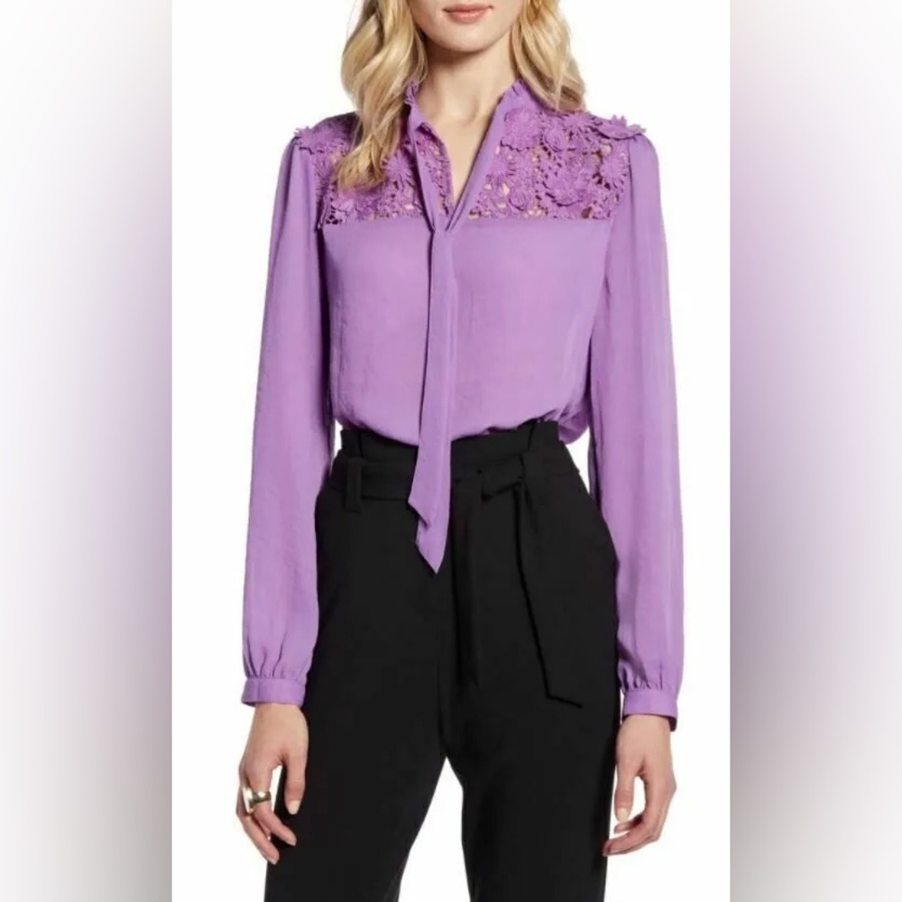 Halogen Women's Lace Yoke Blouse Purple, size L